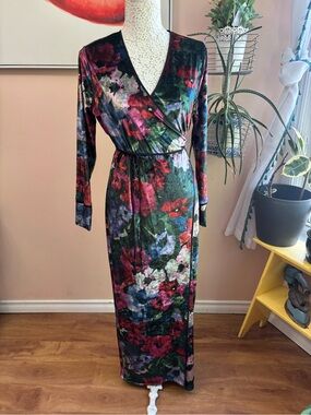 Zara Velvet Floral Wrap Maxi Dress - Green, Red, Purple